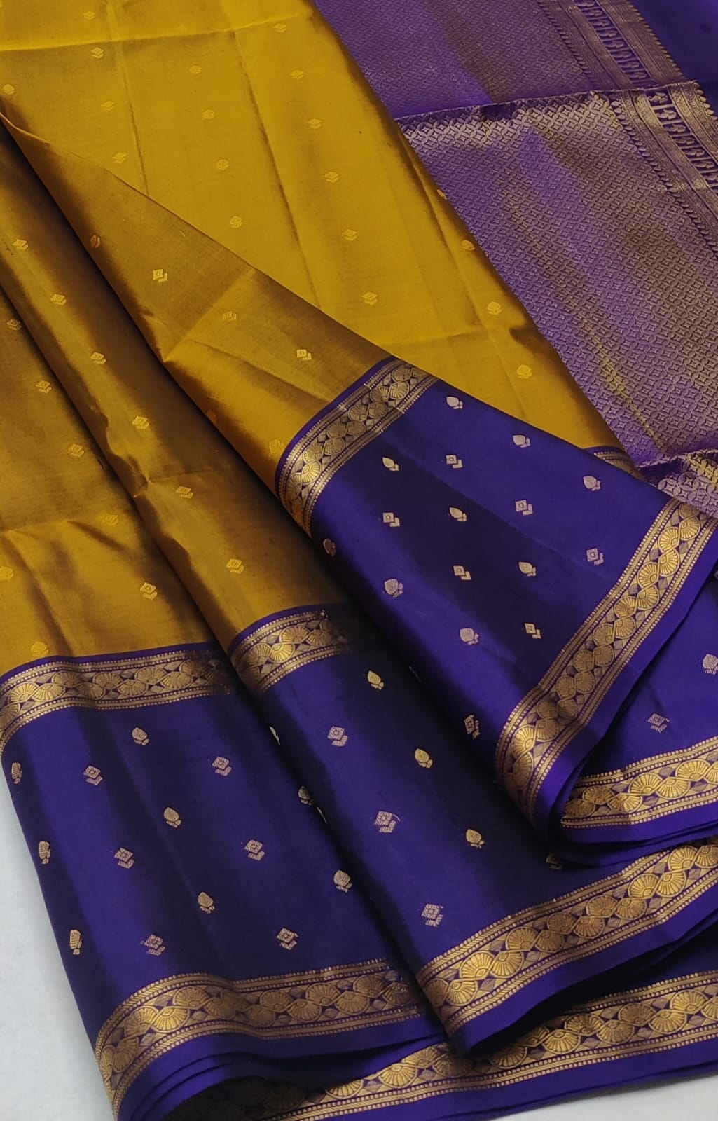 Kanchipuram Silk Saree with Gold Zari Buttas, Traditional Kattam Border